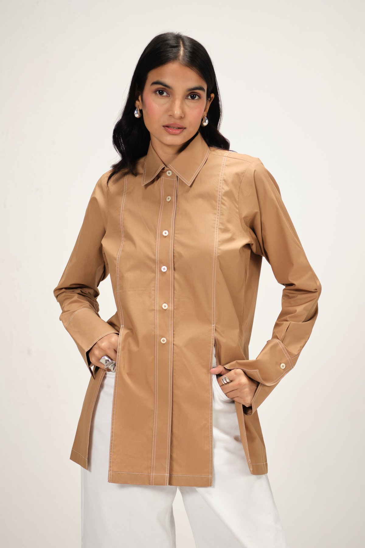 Brown Poplin Longline Shirt with Contrast Topstitch
