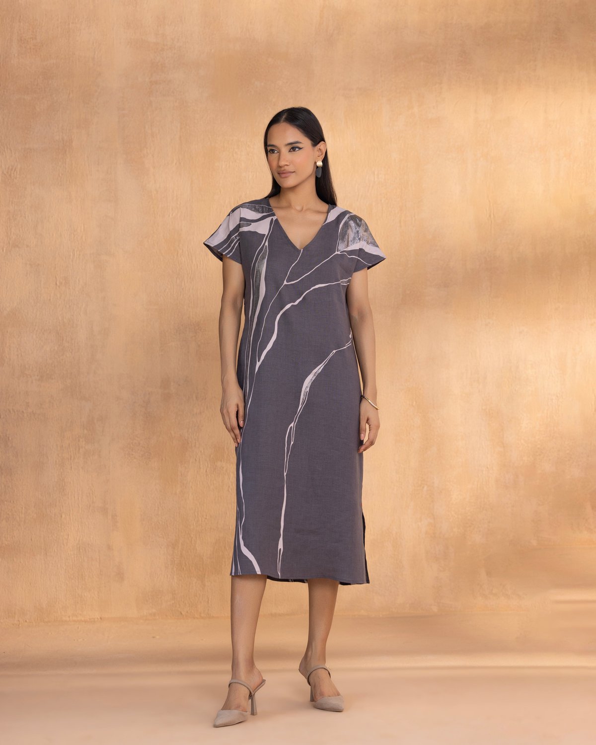 Charcoal Abstract Print Linen Midi Shift Dress