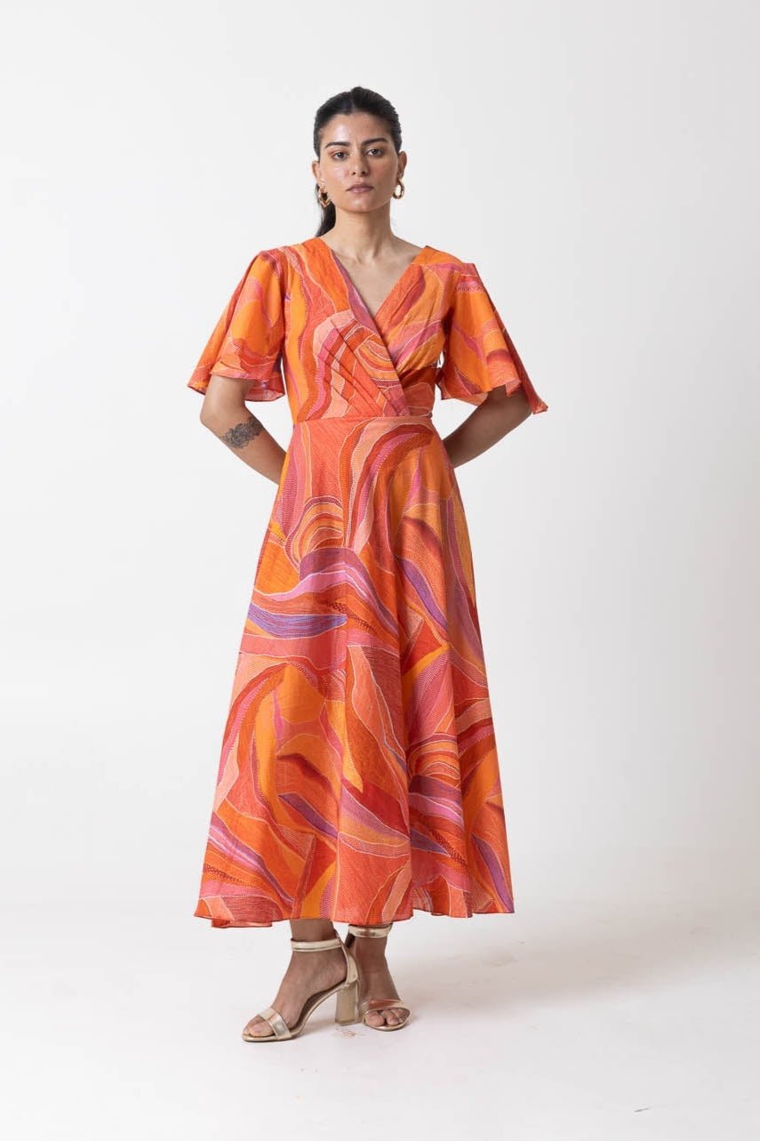 Orange Multicolor Abstract Print Fit and Flare Midi Dress
