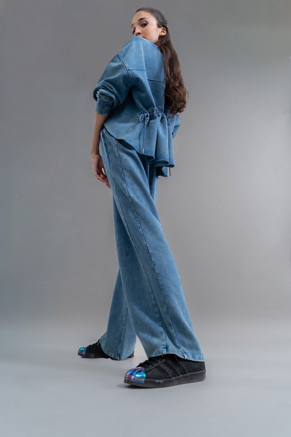 Blue Cotton Terry Straight-Leg Travel Trousers
