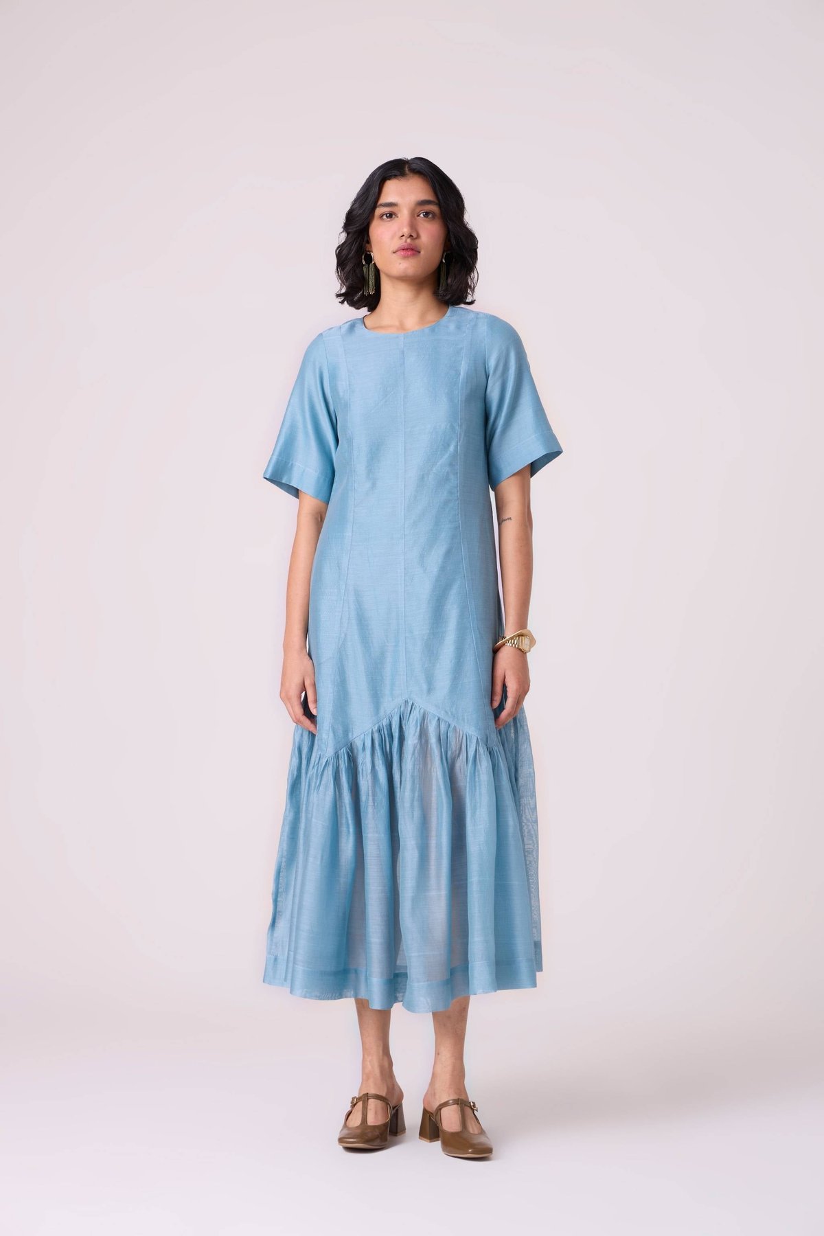 Blue Handwoven Chanderi Tiered Maxi Dress