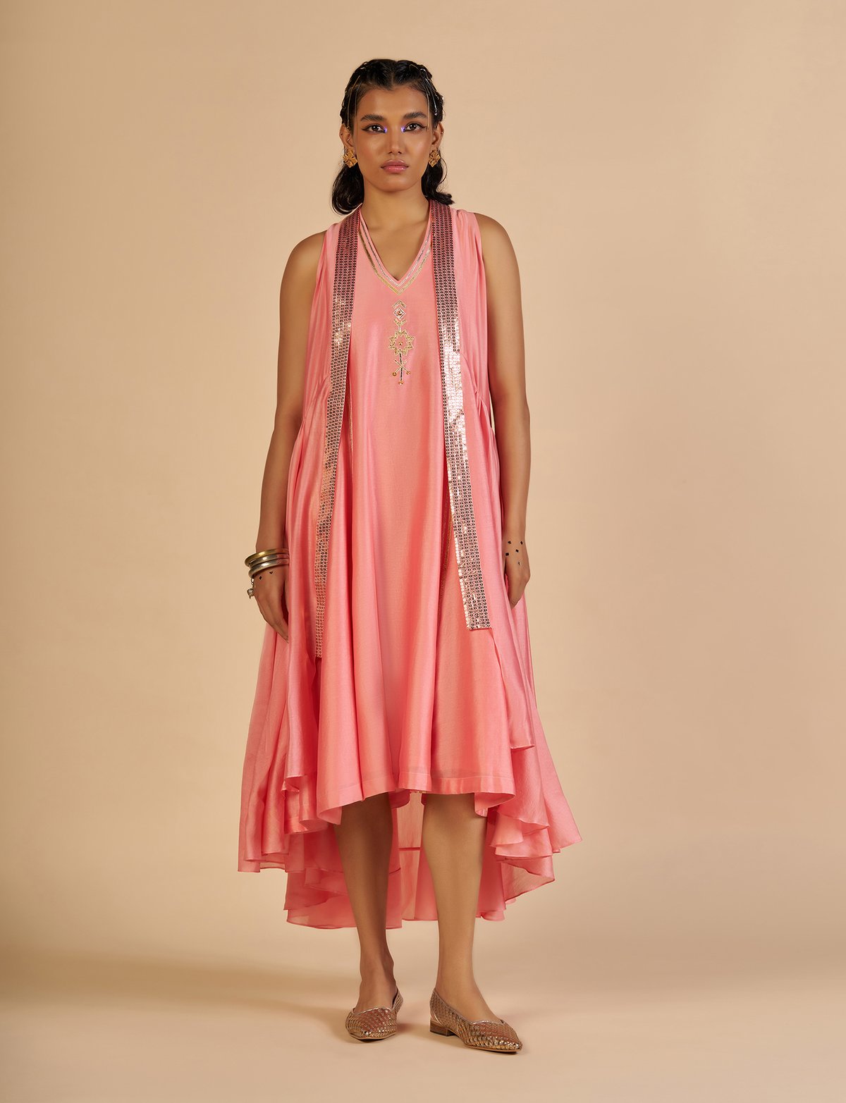 Pink Silk Chanderi Sequin Border Overlay Cape