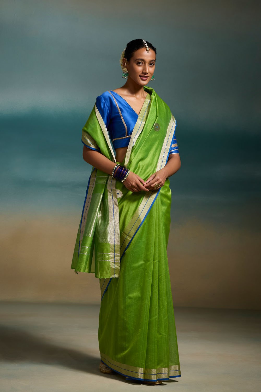 Parrot Green Chanderi Silk Saree with Blue Zari Border