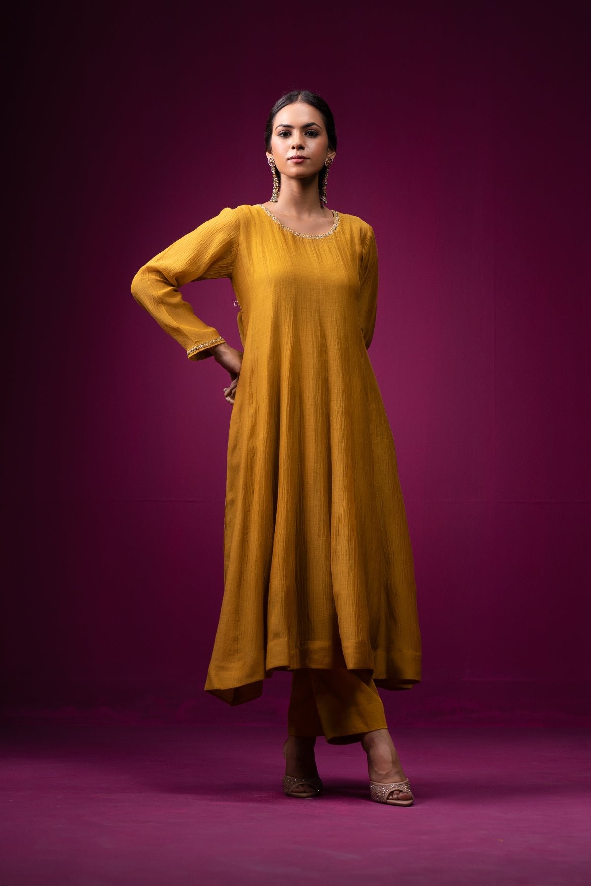 Mustard Yellow Anarkali Kurta Set with Neckline Zari Work