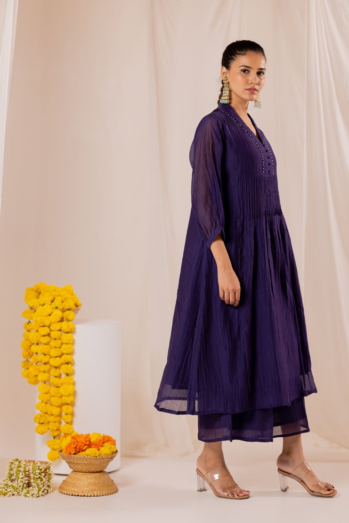 Ink Blue Pleated Chanderi Kurta Set with Palazzo Pants