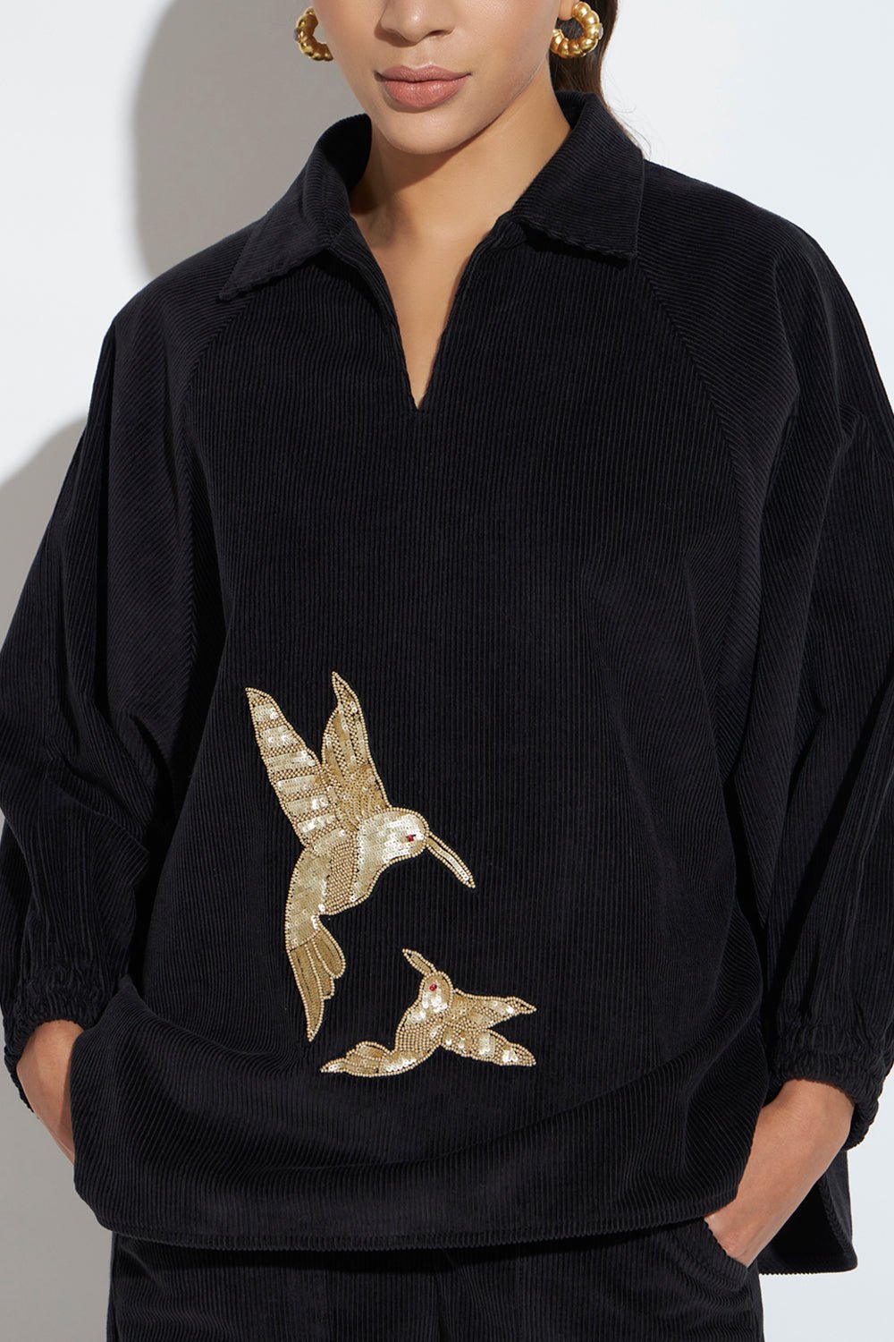 Black Corduroy Shirt with Gold Bird Motif
