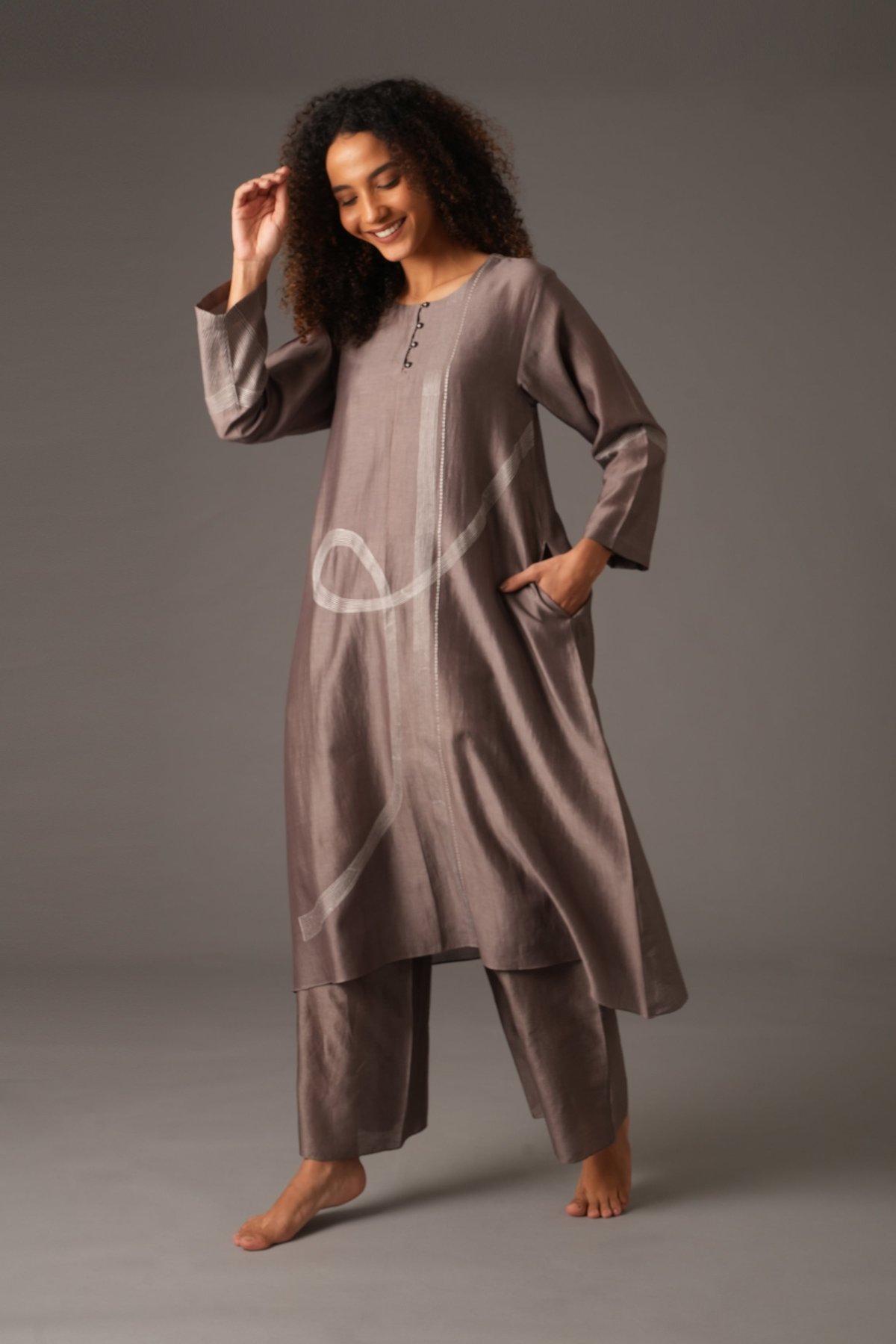 Greige Chanderi Silk Embroidered Kurta Pant Set