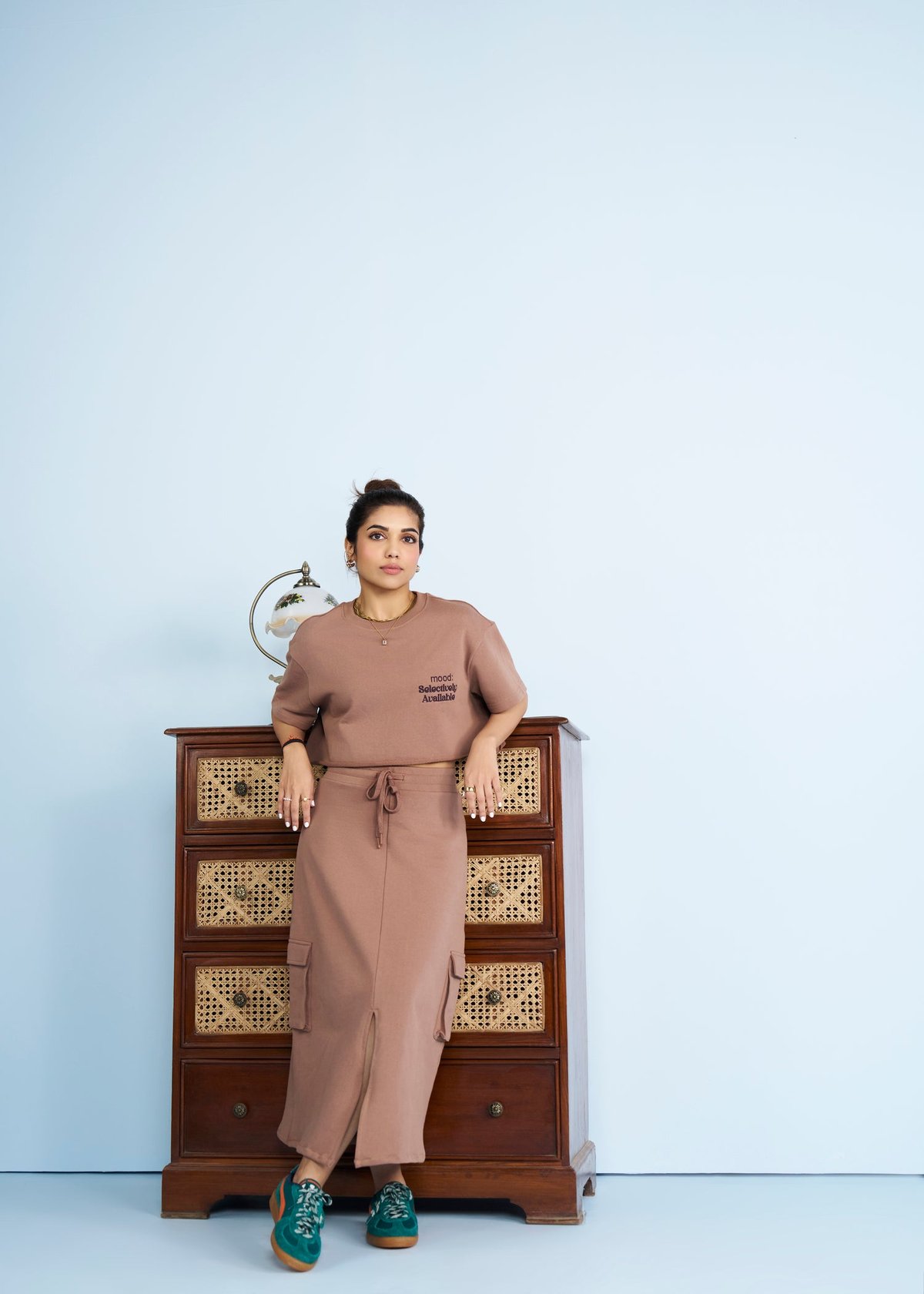 Brown Cotton Terry Crop Top with Crew Neck