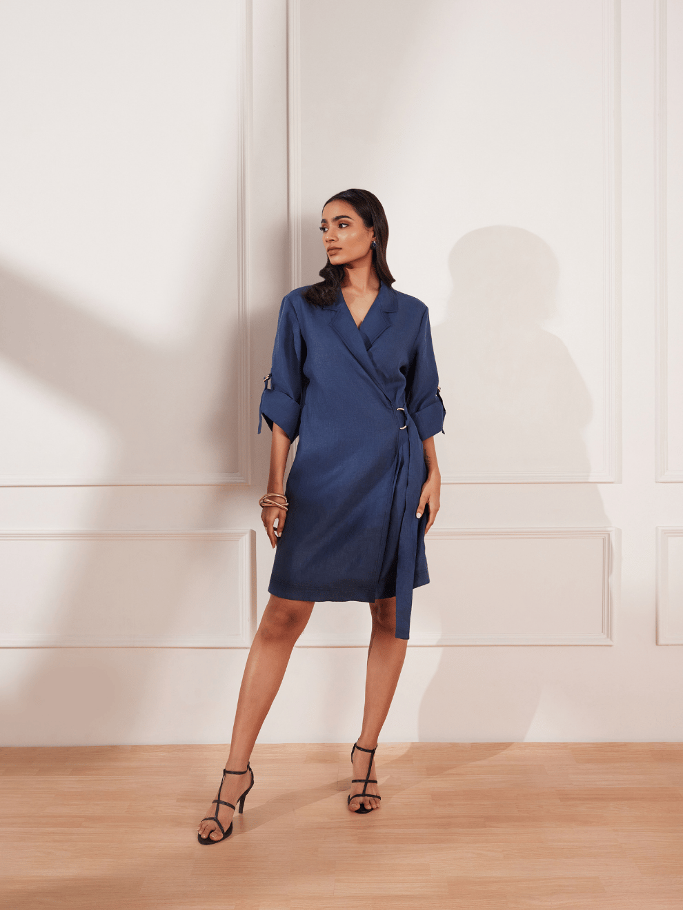 Moroccan Blue Hemp Wrap Jacket Dress with Lapel Collar