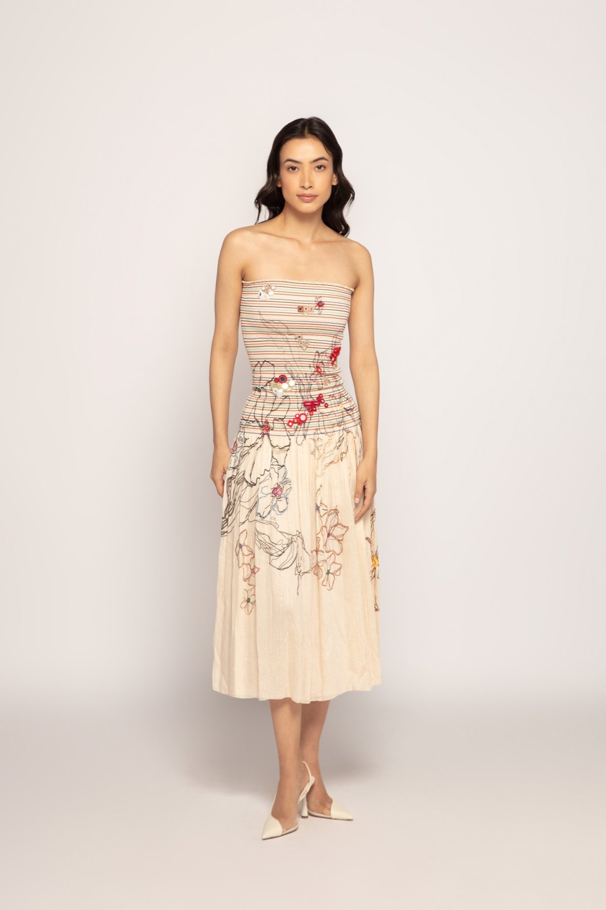 Cream Strapless Fit and Flare Printed Midi Dress