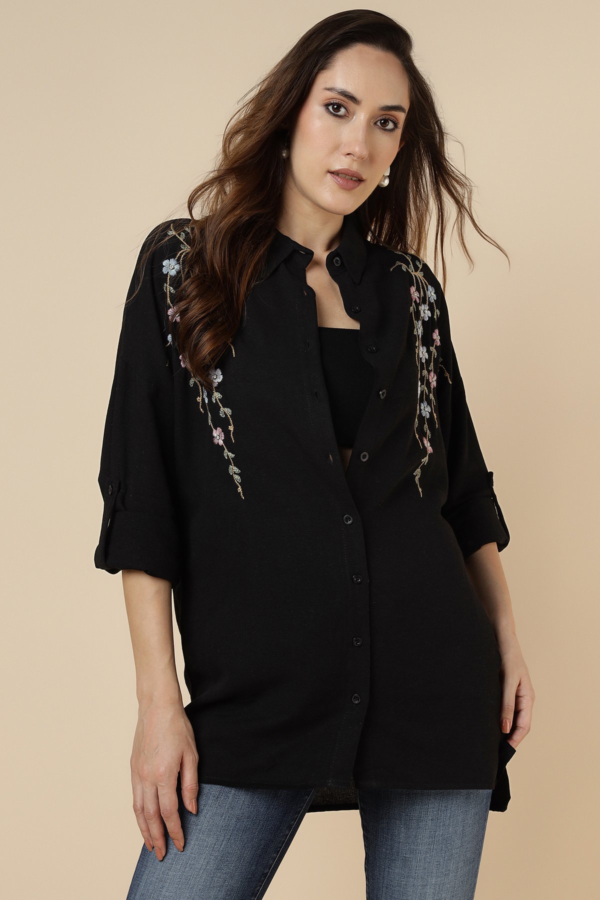 Black Floral Embroidered Longline Button-Down Shirt