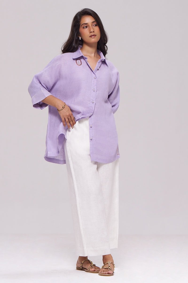 Pastel Lilac Pure Linen Relaxed-Fit Shirt with Appliqué Back