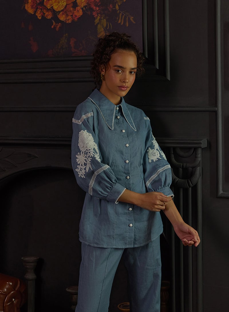 Blue Cotton Linen Embroidered Shirt and Flared Pants Co-ord