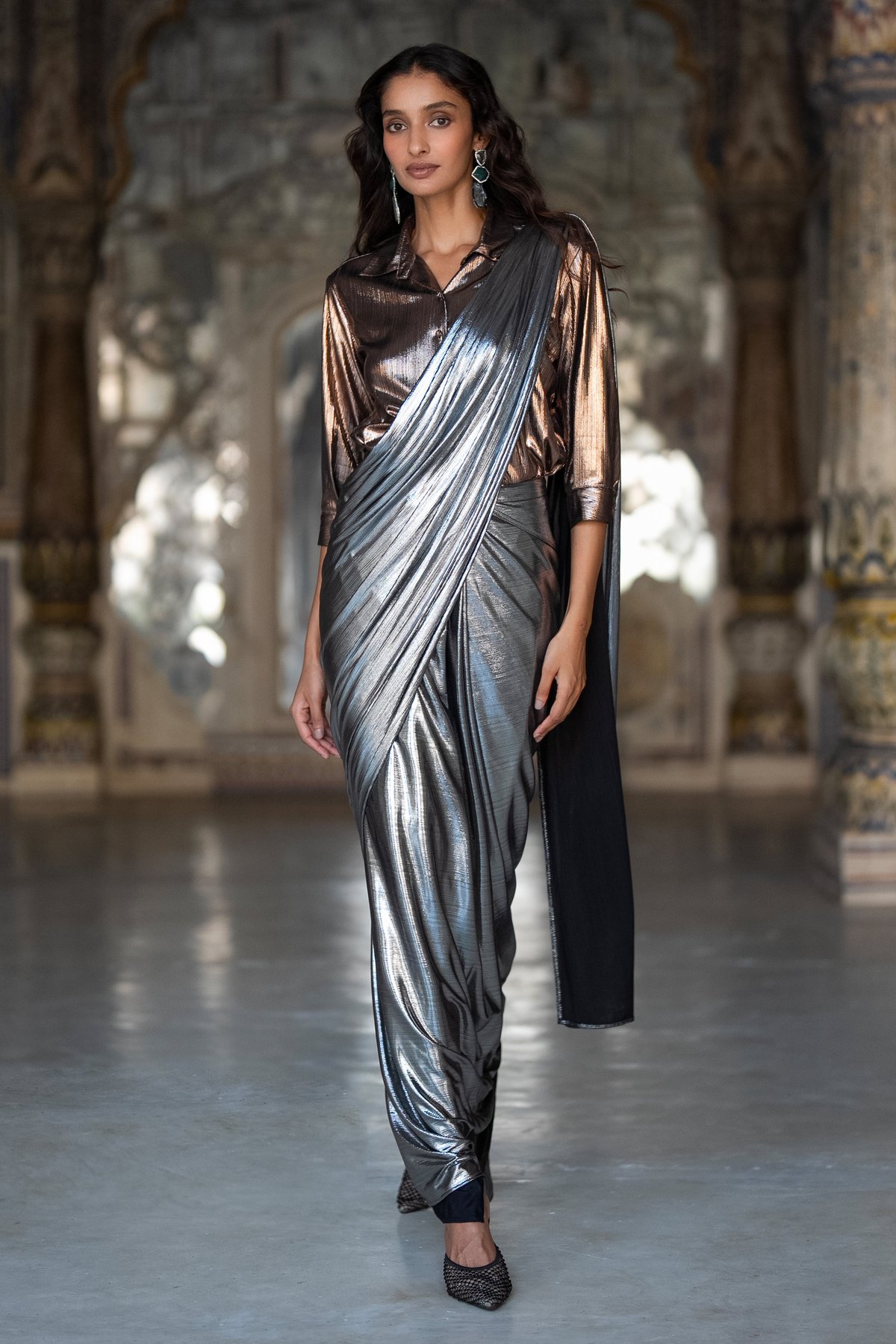 Textured Lame Shirt Sari Drape Skirt Set