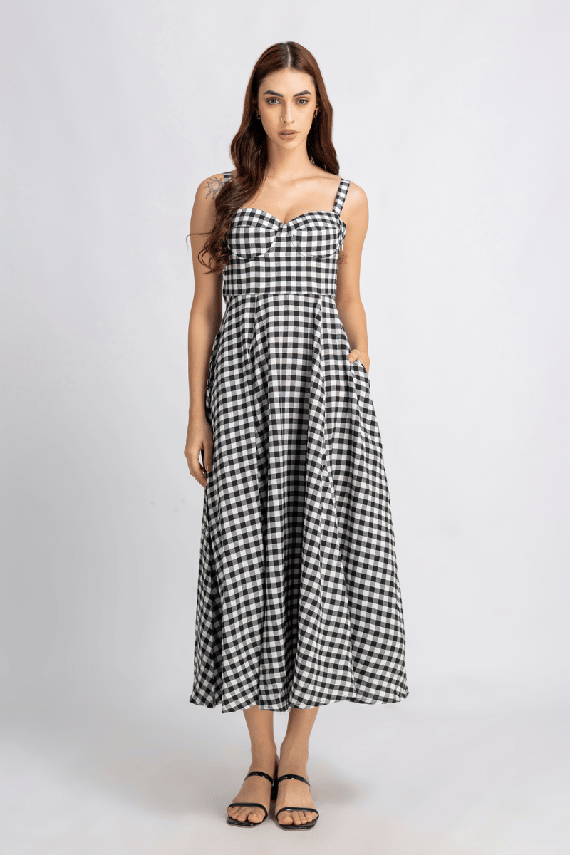 Black and White Checked Sweetheart Fit and Flare Midi Dress