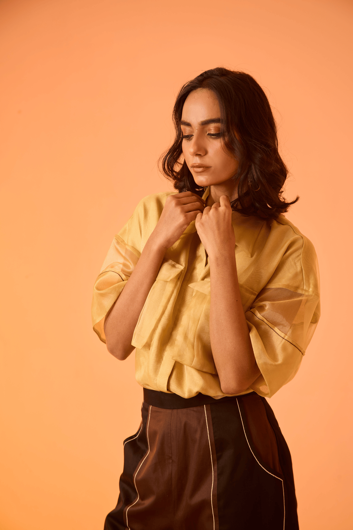 Yellow Oversized Organza Shirt with Statement Pockets