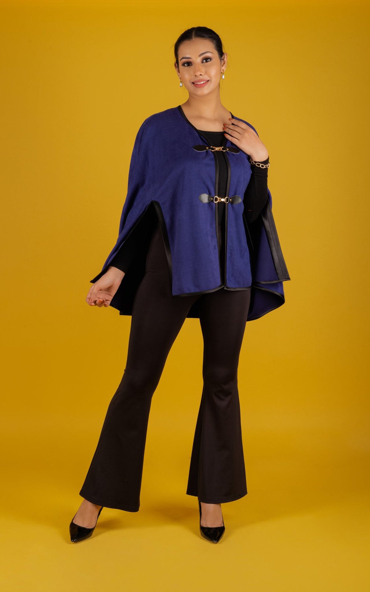 Navy Suede Cape with Front Clasp Closure