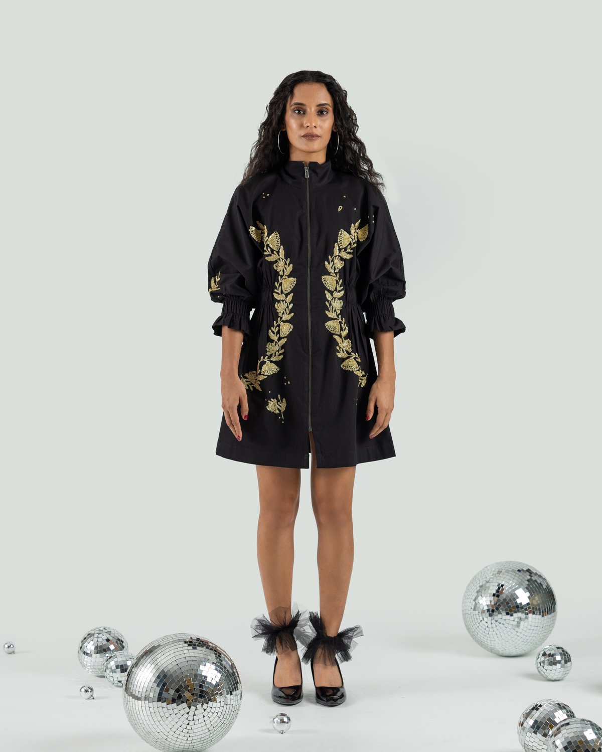 Black Zip-Front High Neck Embroidered Mini Dress