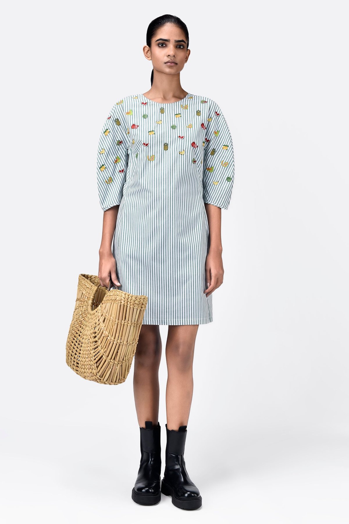 Stripe Green Striped Cotton Straight Dress with Fruit Embroidery
