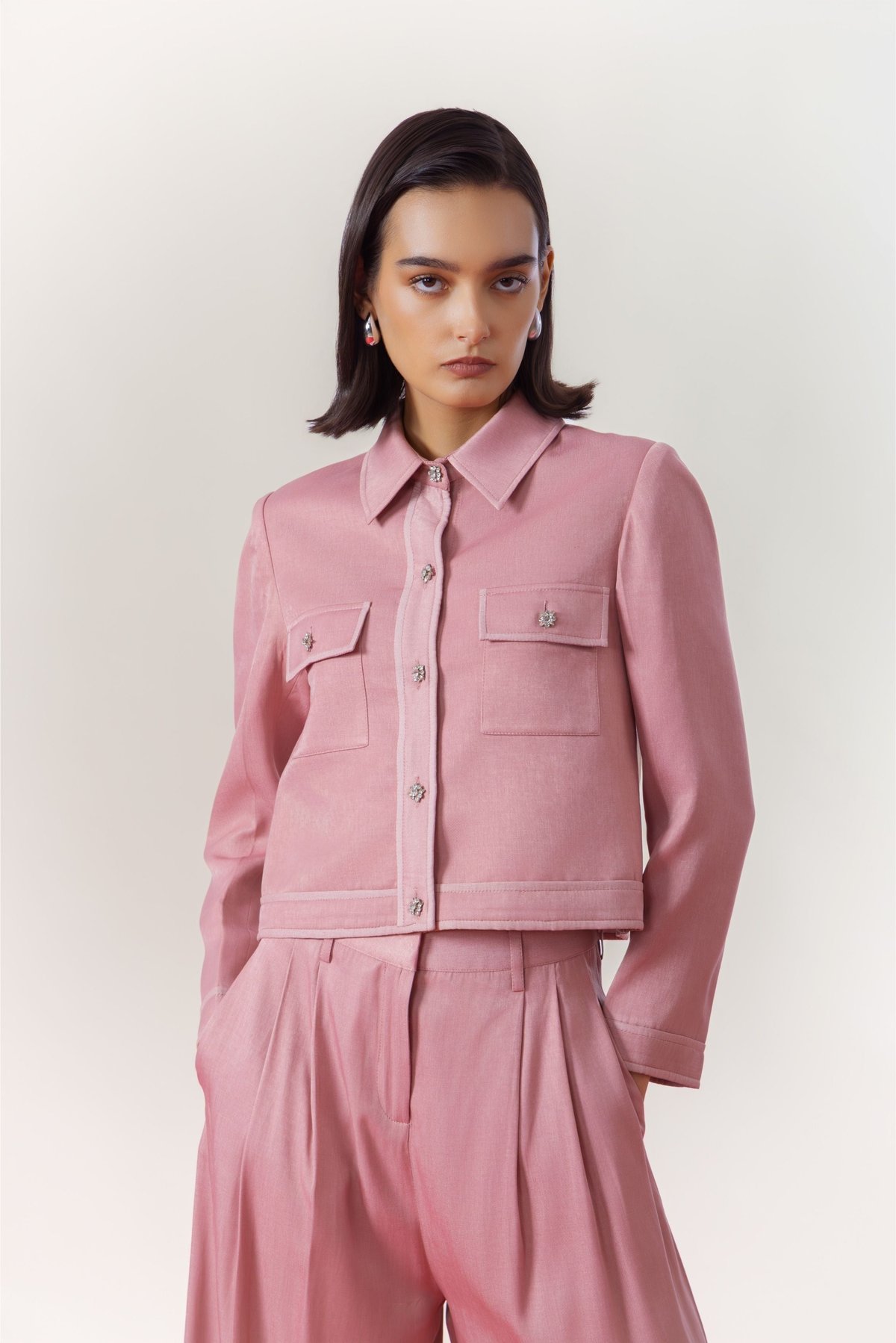 Pink Cropped Button-Front Jacket