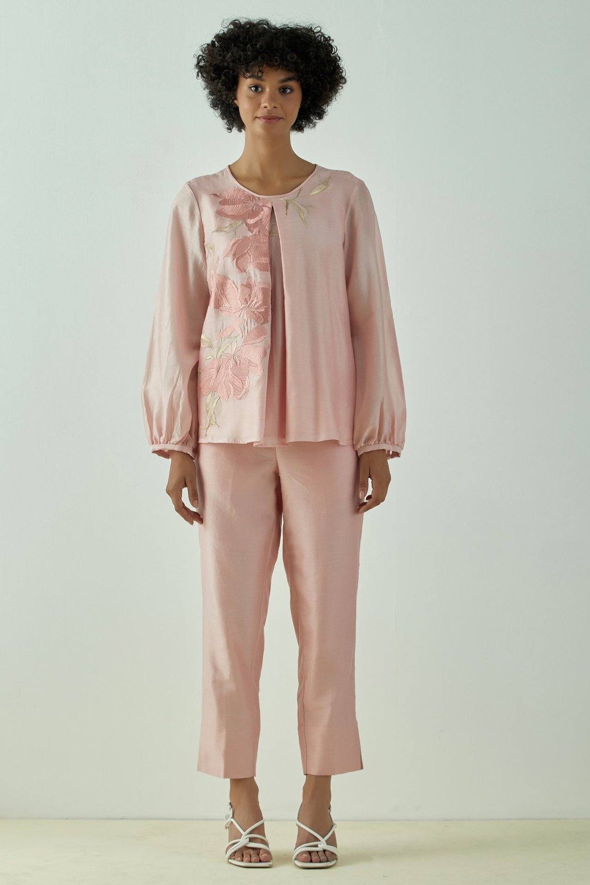 Old Rose Embroidered Top and Tapered Pants Co-ord Set