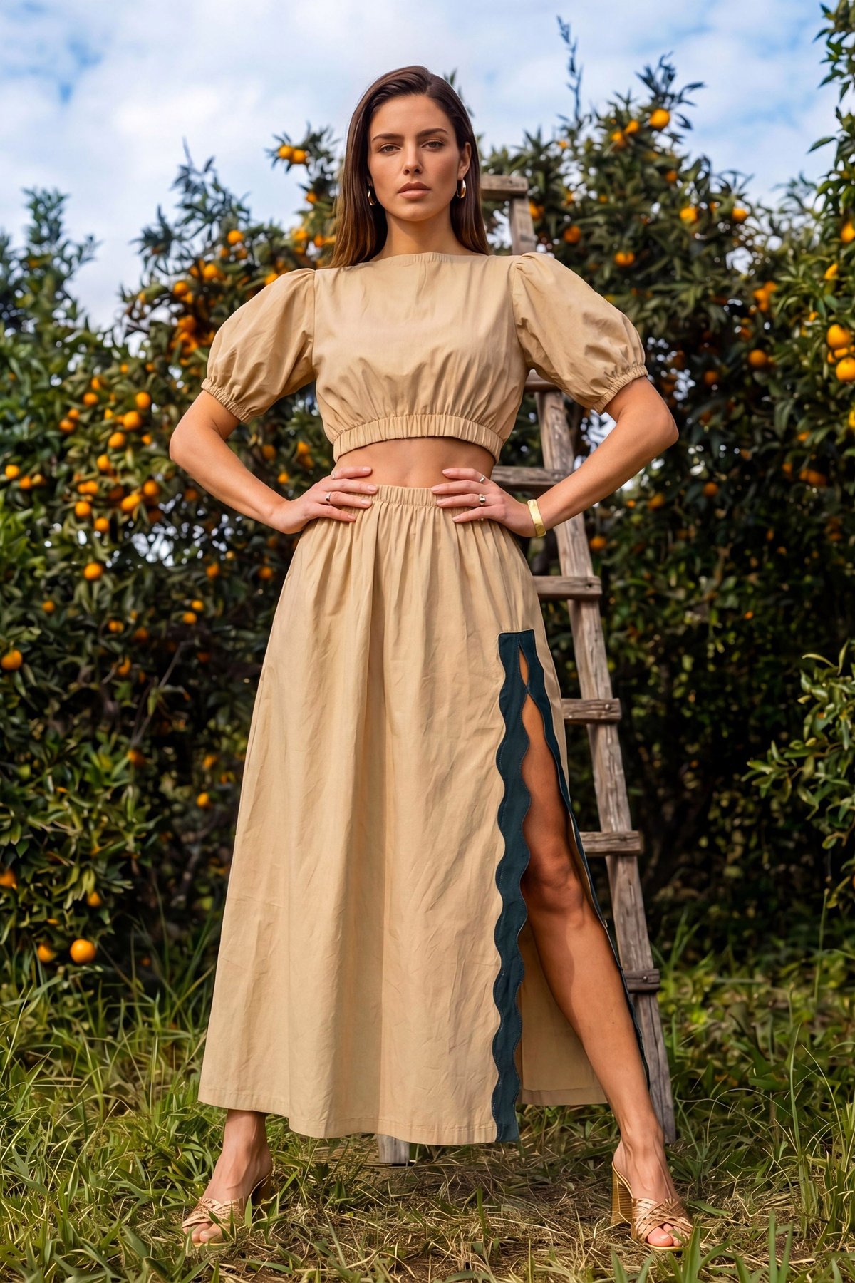 Beige Cotton Co-Ord Set with Scallop Detail Skirt