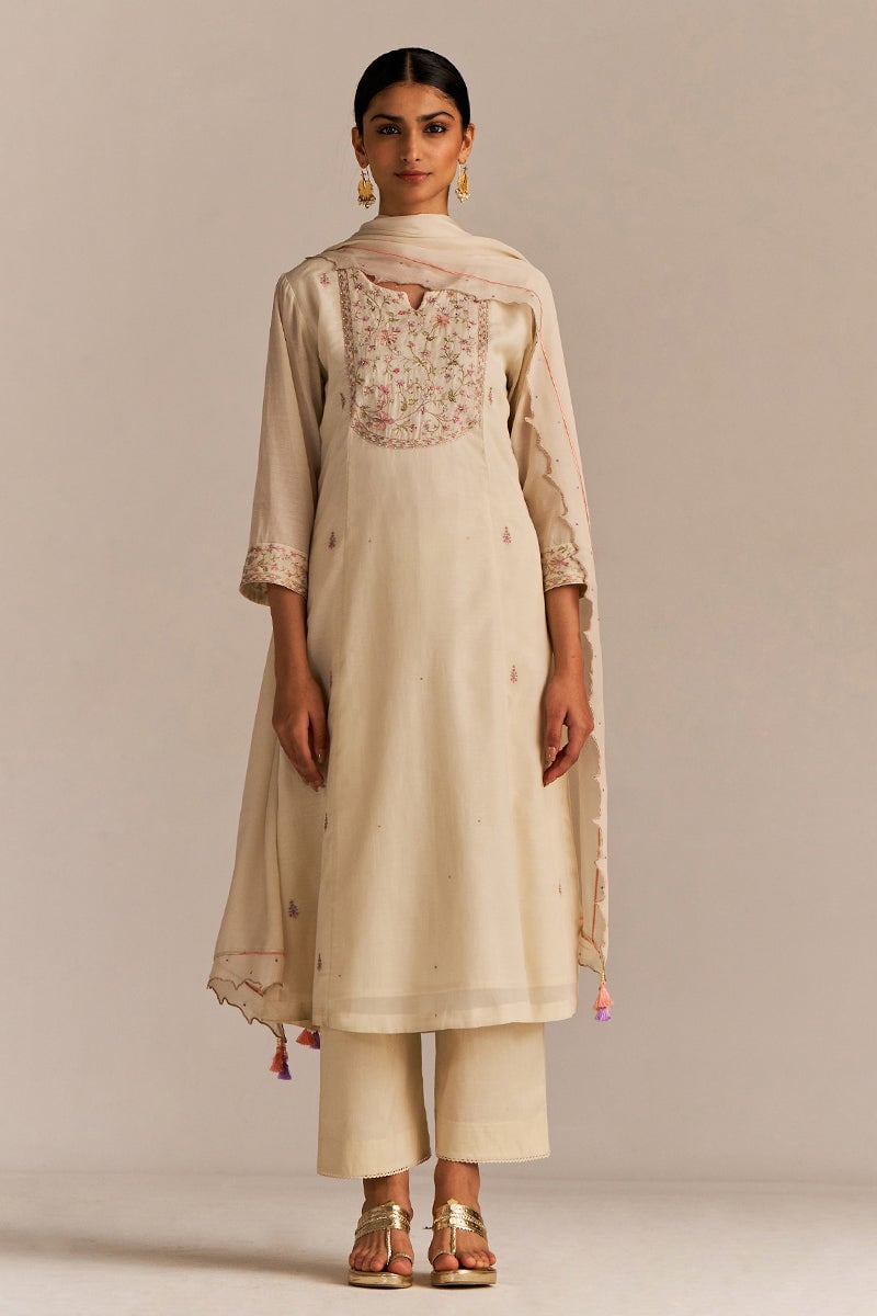 Buttercream Embroidered Straight Kurta Set with Dupatta