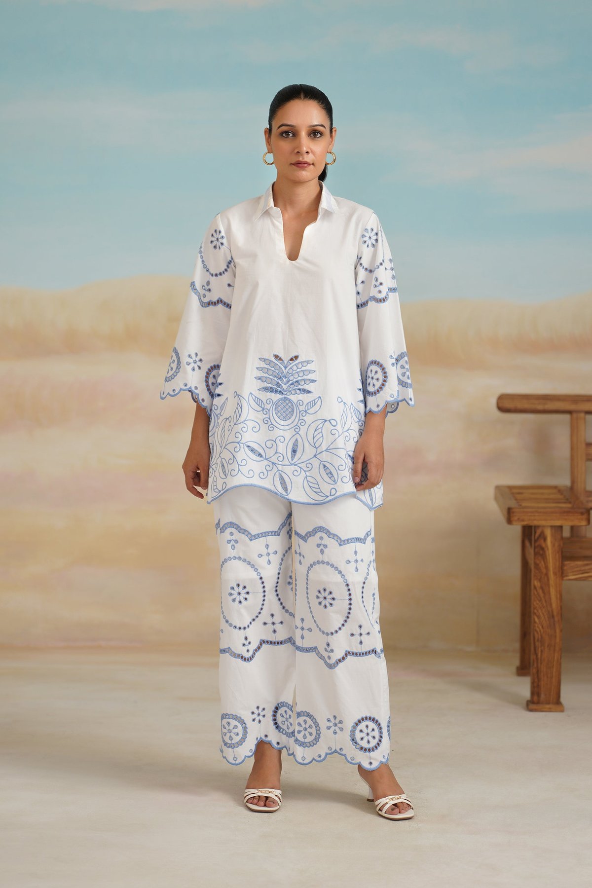 White Poplin Cotton Embroidered Co-ord Set