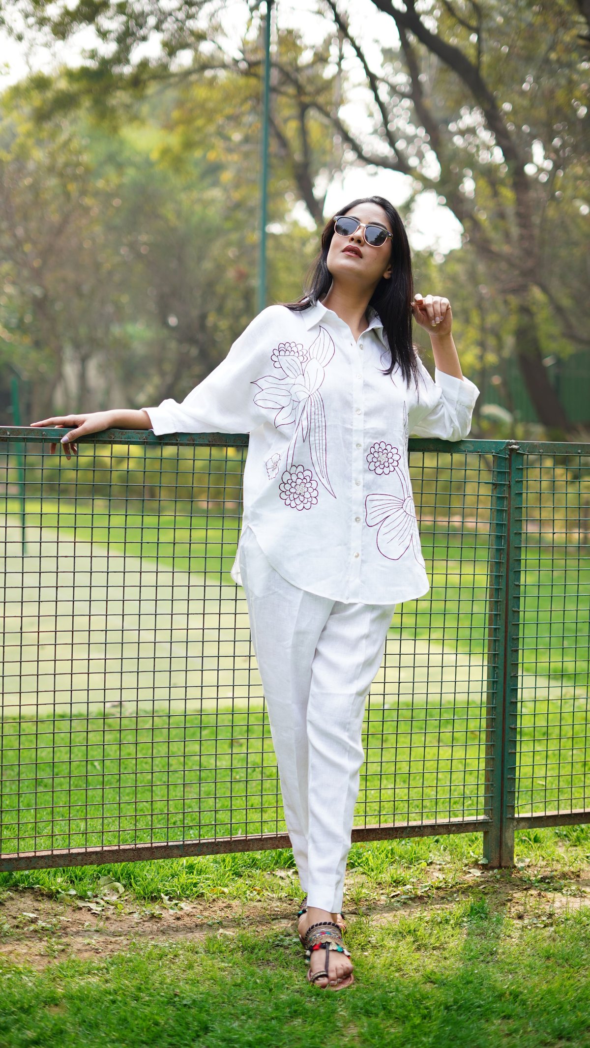 White Linen Floral Embroidered Button-Down Shirt
