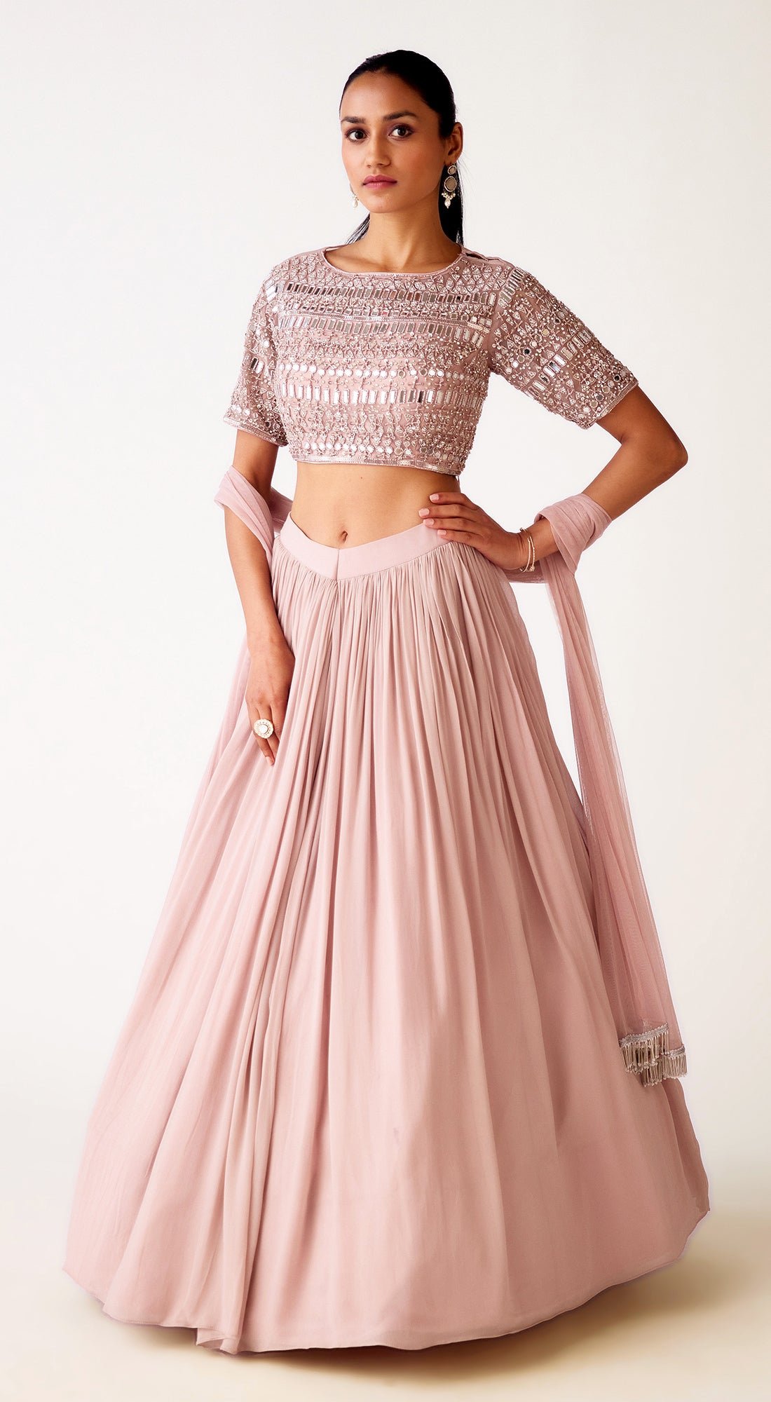 Pink Chinon Mirror Work Lehenga Set with Dupatta