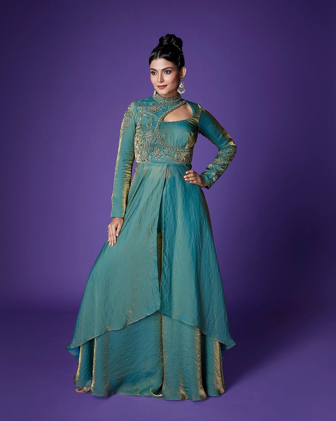 Sea Green Shimmer Tissue Kurta and Sharara Co-ord Set