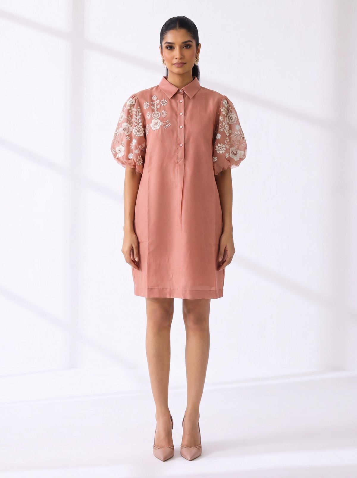 Blush Pink Shirt Dress with Sheer Embroidered Puff Sleeves