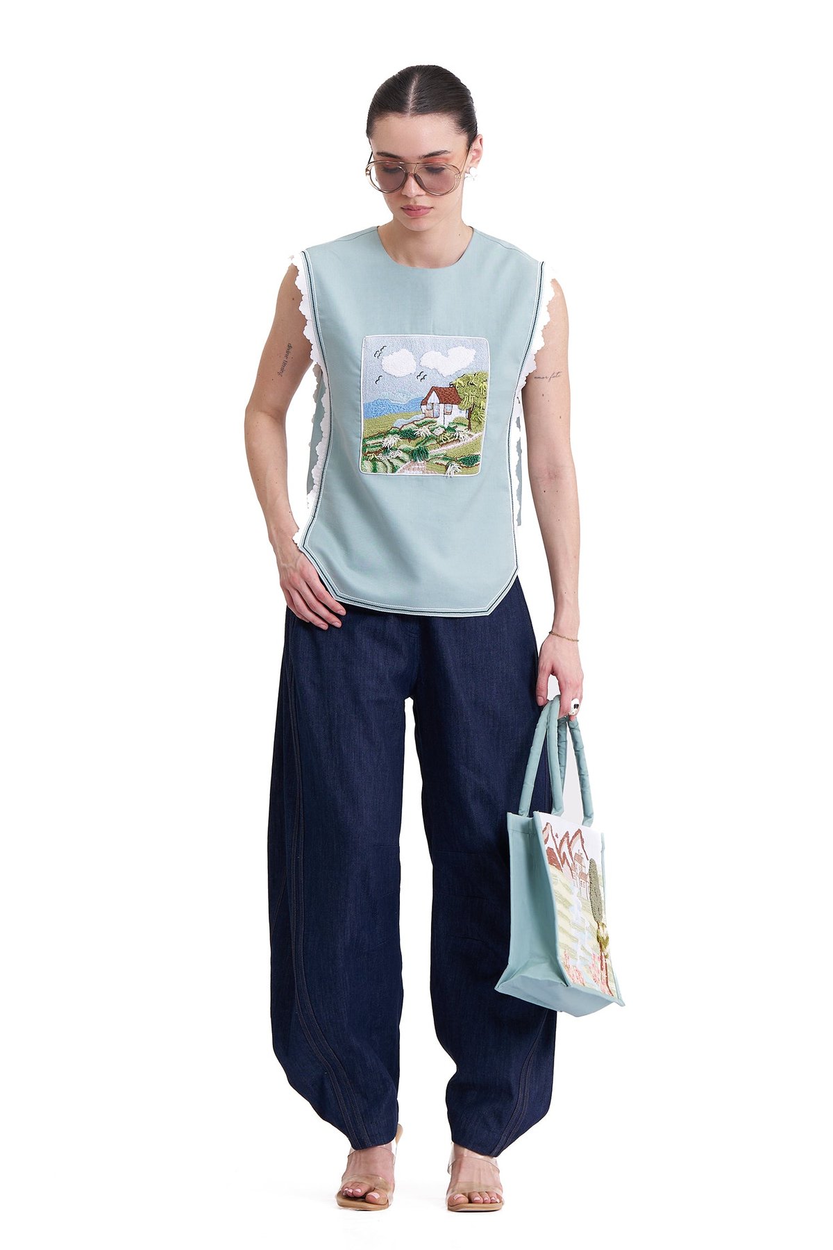 Dark Blue Denim Barrel-Leg Trousers with Pockets