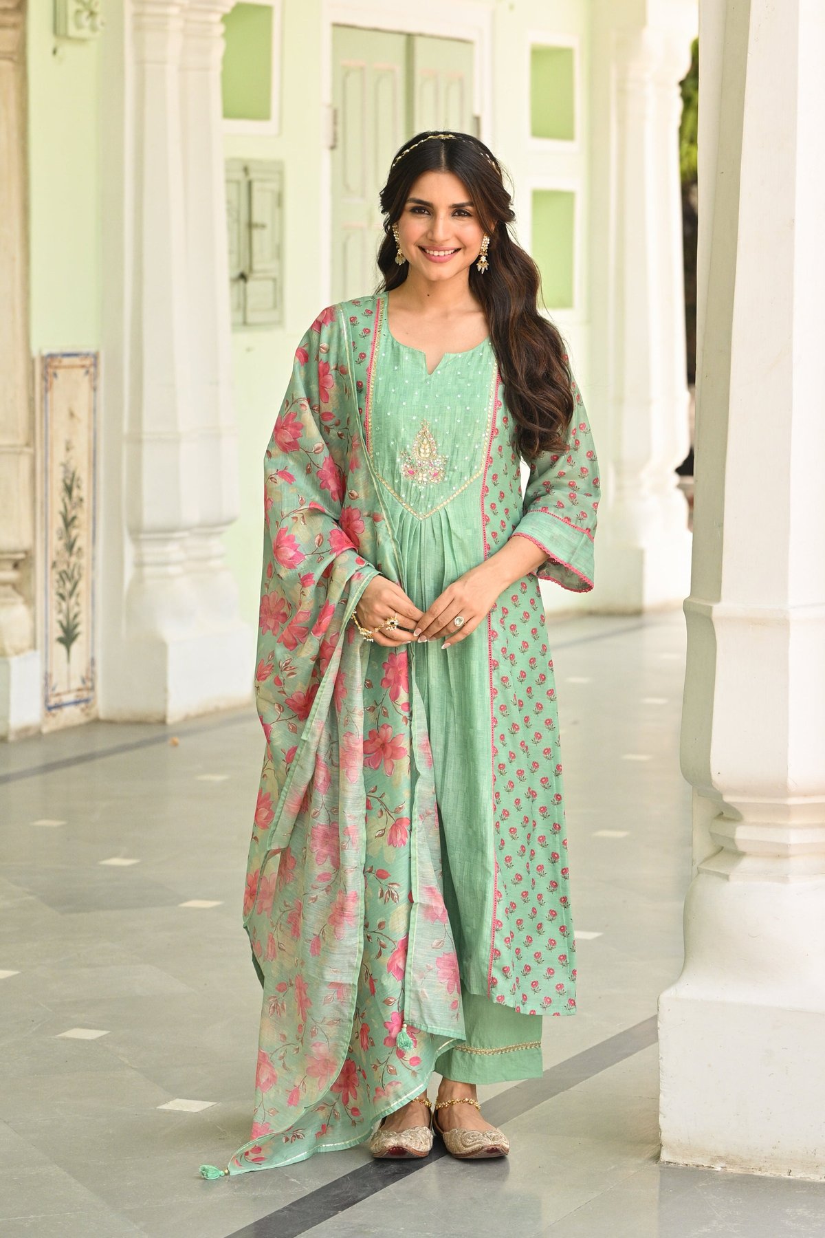Seafoam Mint Green Chanderi Suit Set with Pleated Pattern Kurta and Floral Dupatta with Gota Work on Yoke-SET OF-3