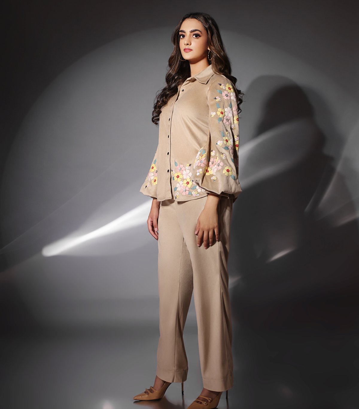 Beige Velvet Floral Applique Shirt and Trouser Co-ord Set