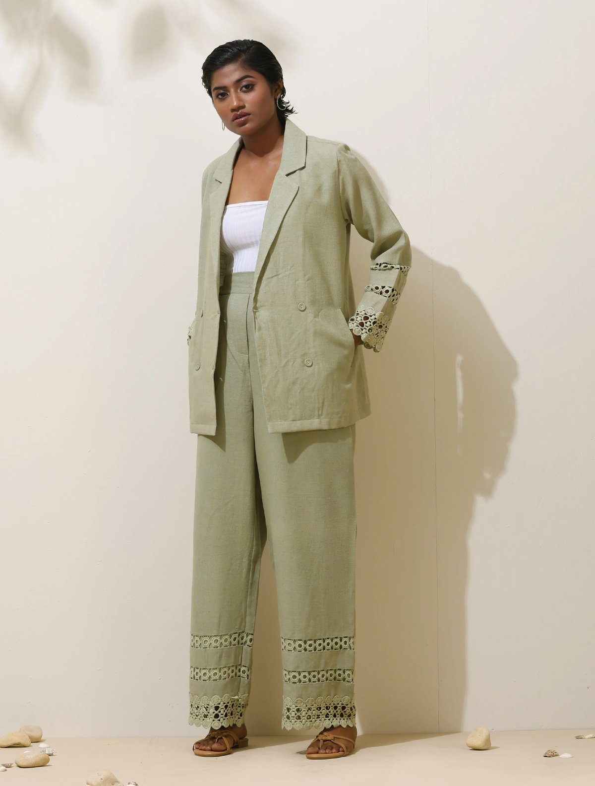 Matcha Green Crochet Natural Cotton Blazer Co-ord Set