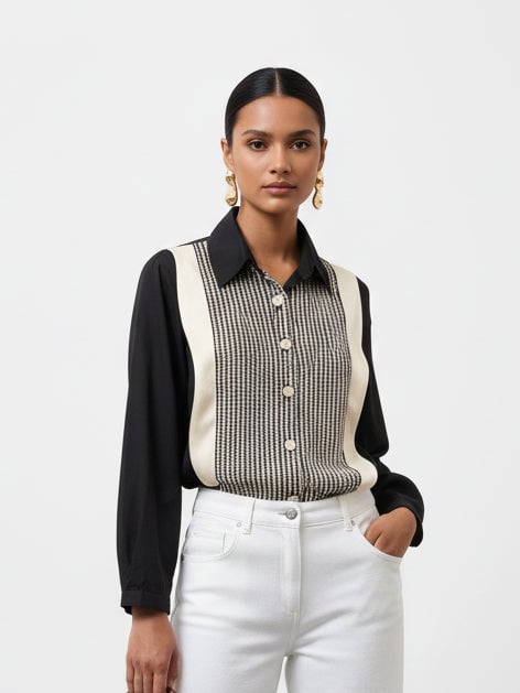 Black Contrast Panel Checked Front Shirt