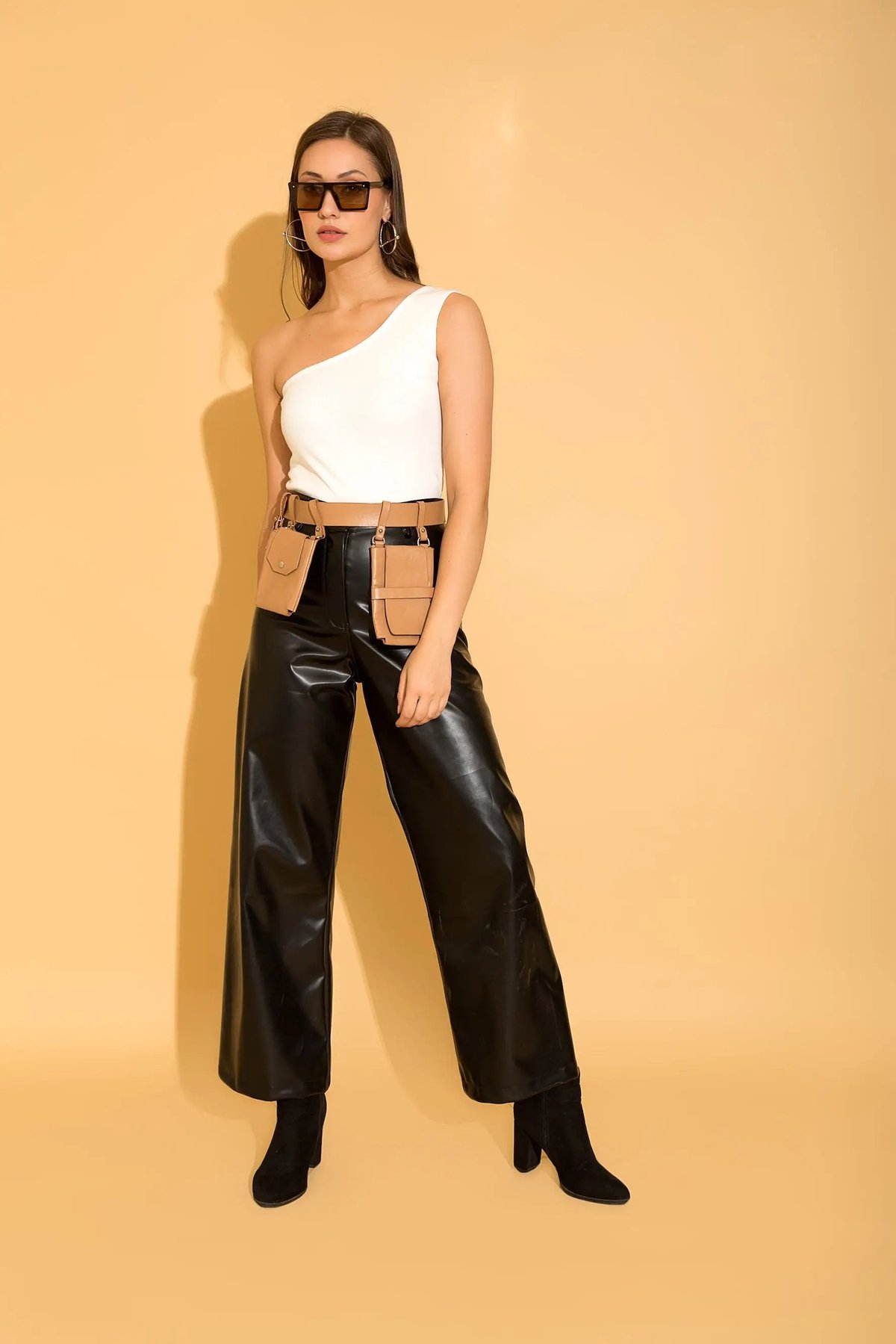 Black High-Waist Faux Leather Flared Trousers