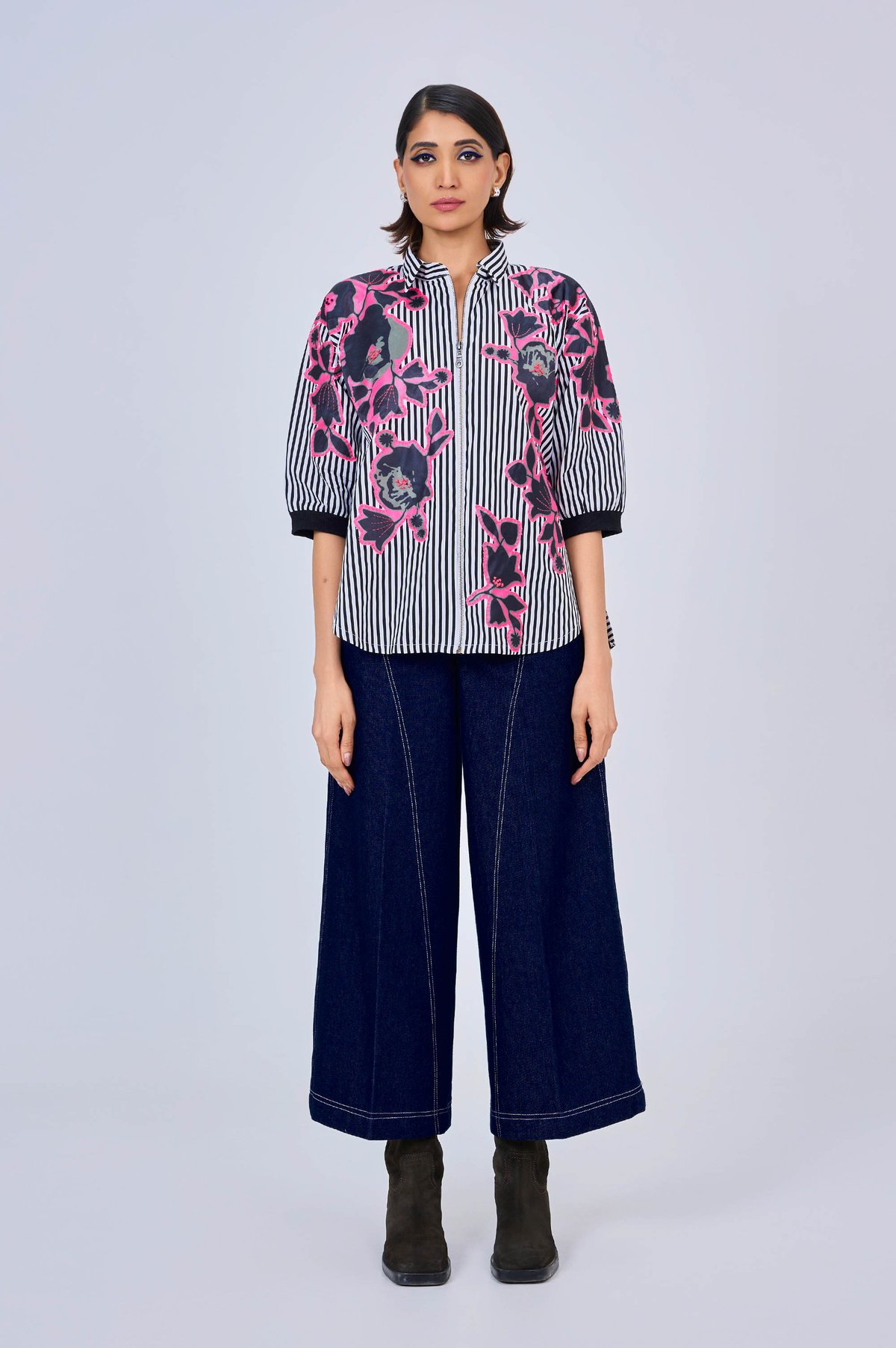 Black and White Striped Shirt and Wide-Leg Jeans Co-ord Set