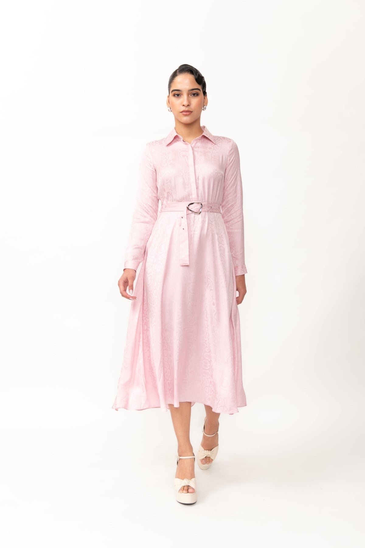 Pink Belted Midi Shirt Dress in Python Jacquard