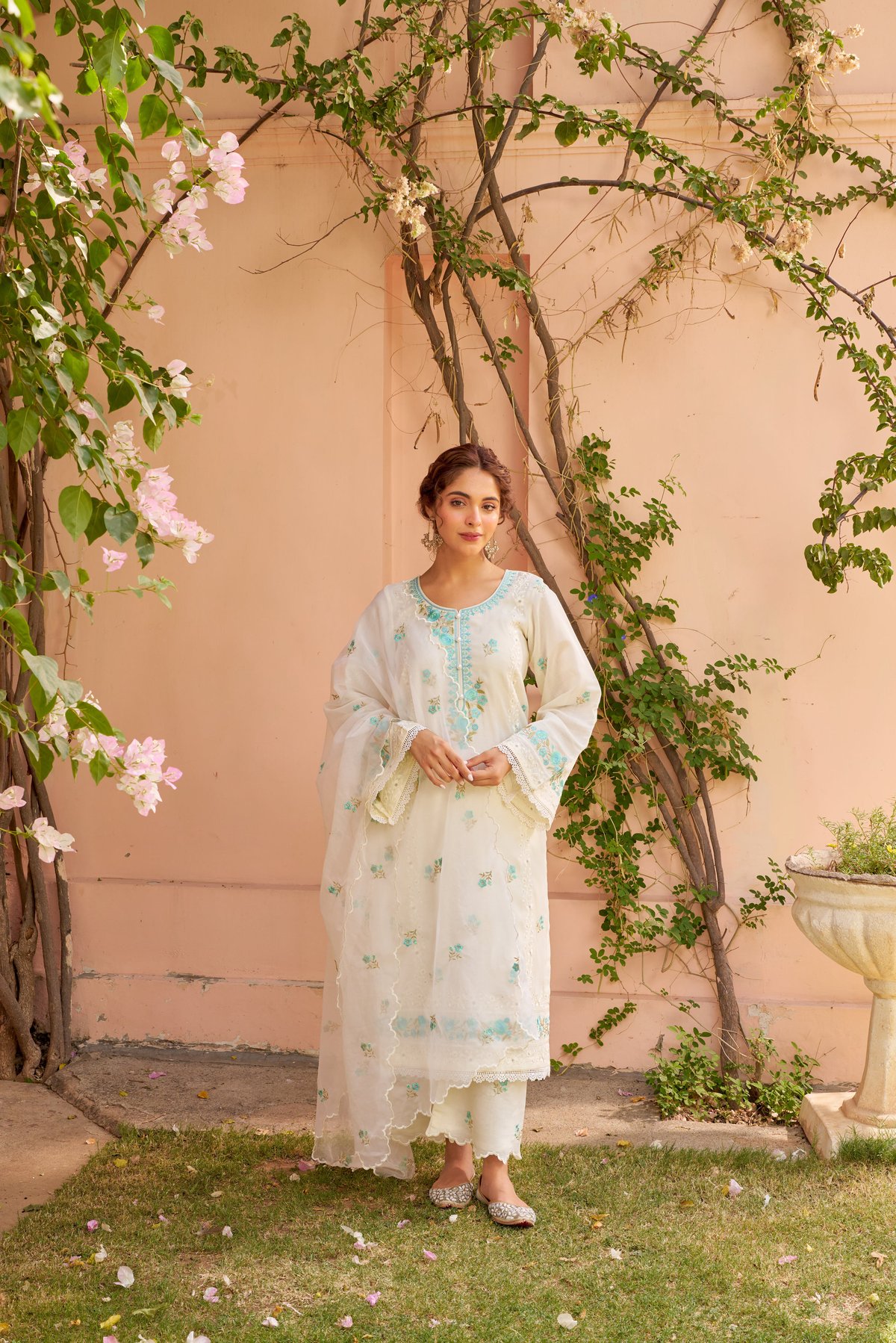 Ivory Chanderi Embroidered Straight Suit Set with Dupatta