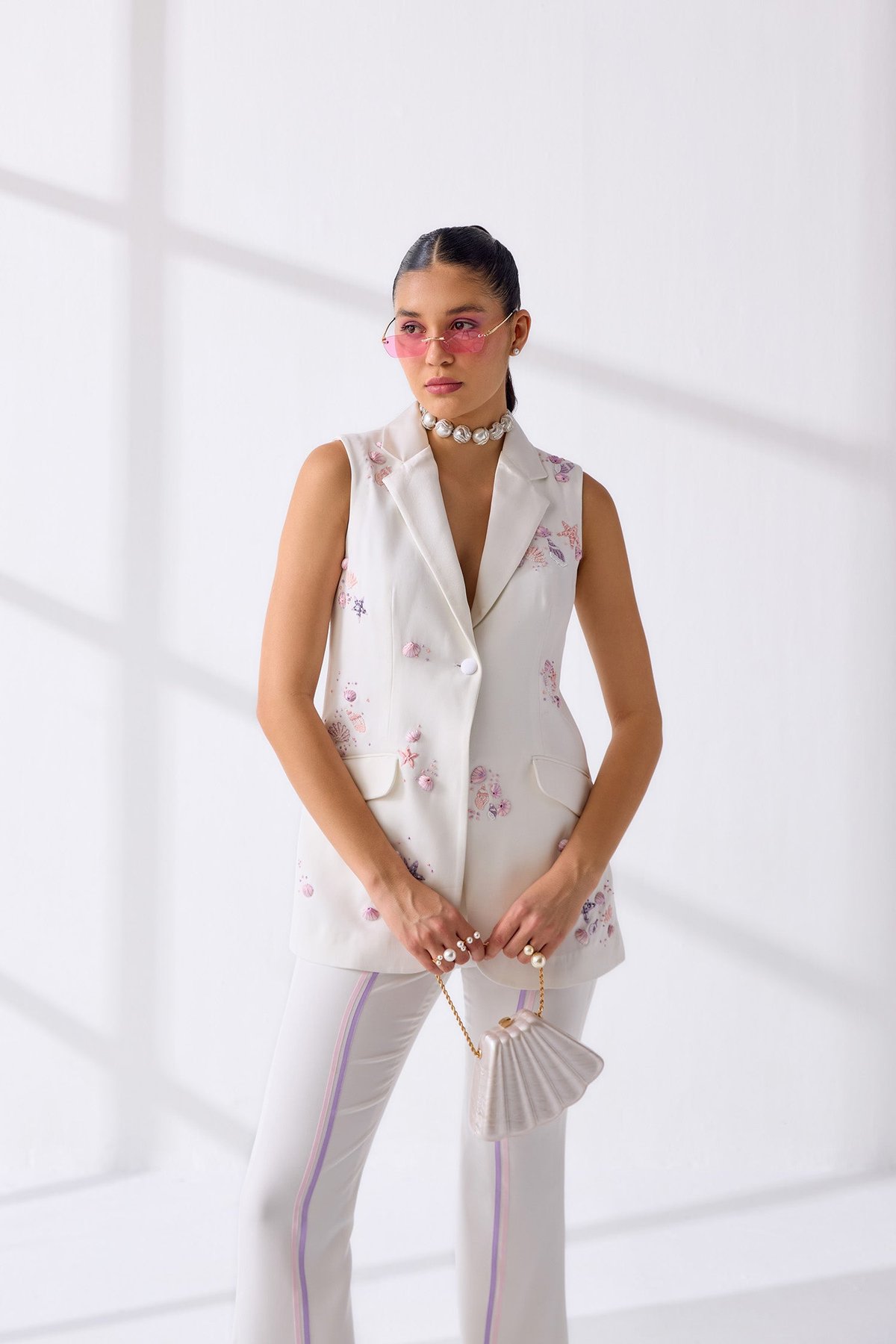 White Sleeveless Embroidered Blazer with Satin Lapel