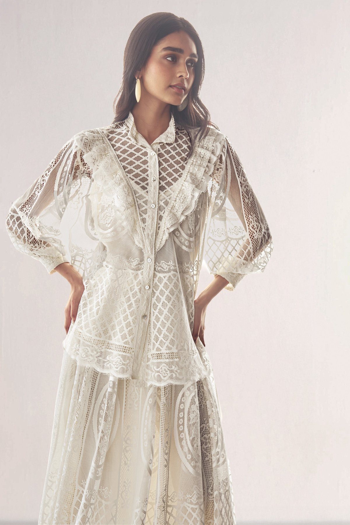 Lace & Ruffle Shirt & A-Line Lace Skirt
