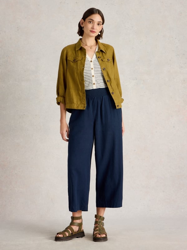 Dark Navy Pull-On Culotte Trousers with Smocked Waist