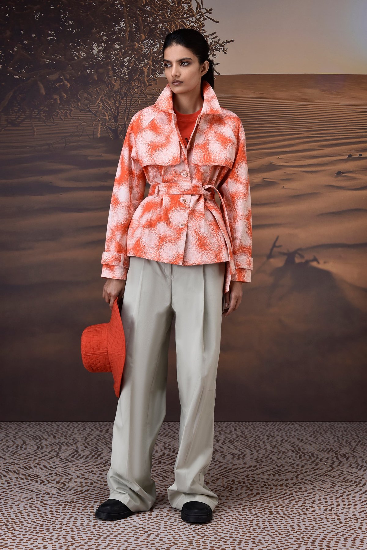 Coquelicot Abstract Circle Print Cotton Twill Belted Jacket