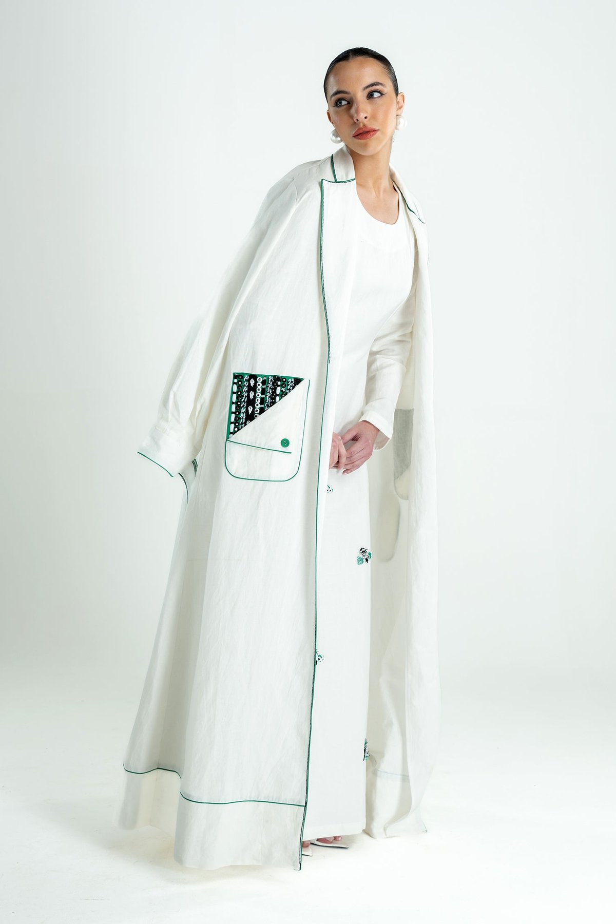 Ivory Longline Cotton-Linen Abaya Jacket with Piping