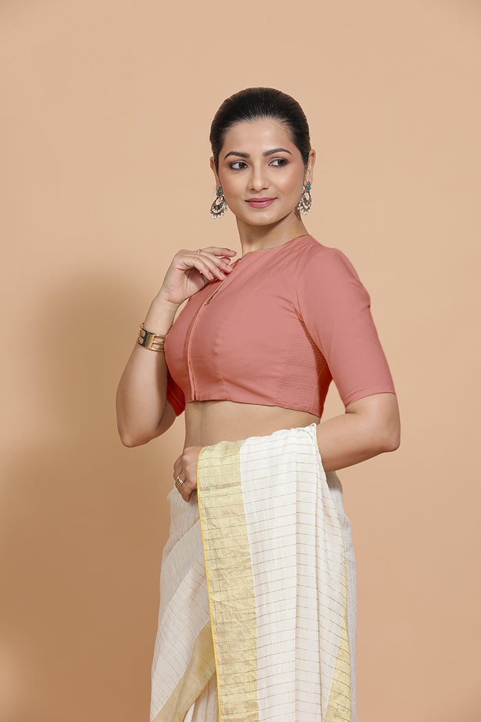 Soft Peach Cotton Round Neck Elbow Sleeve Saree Blouse