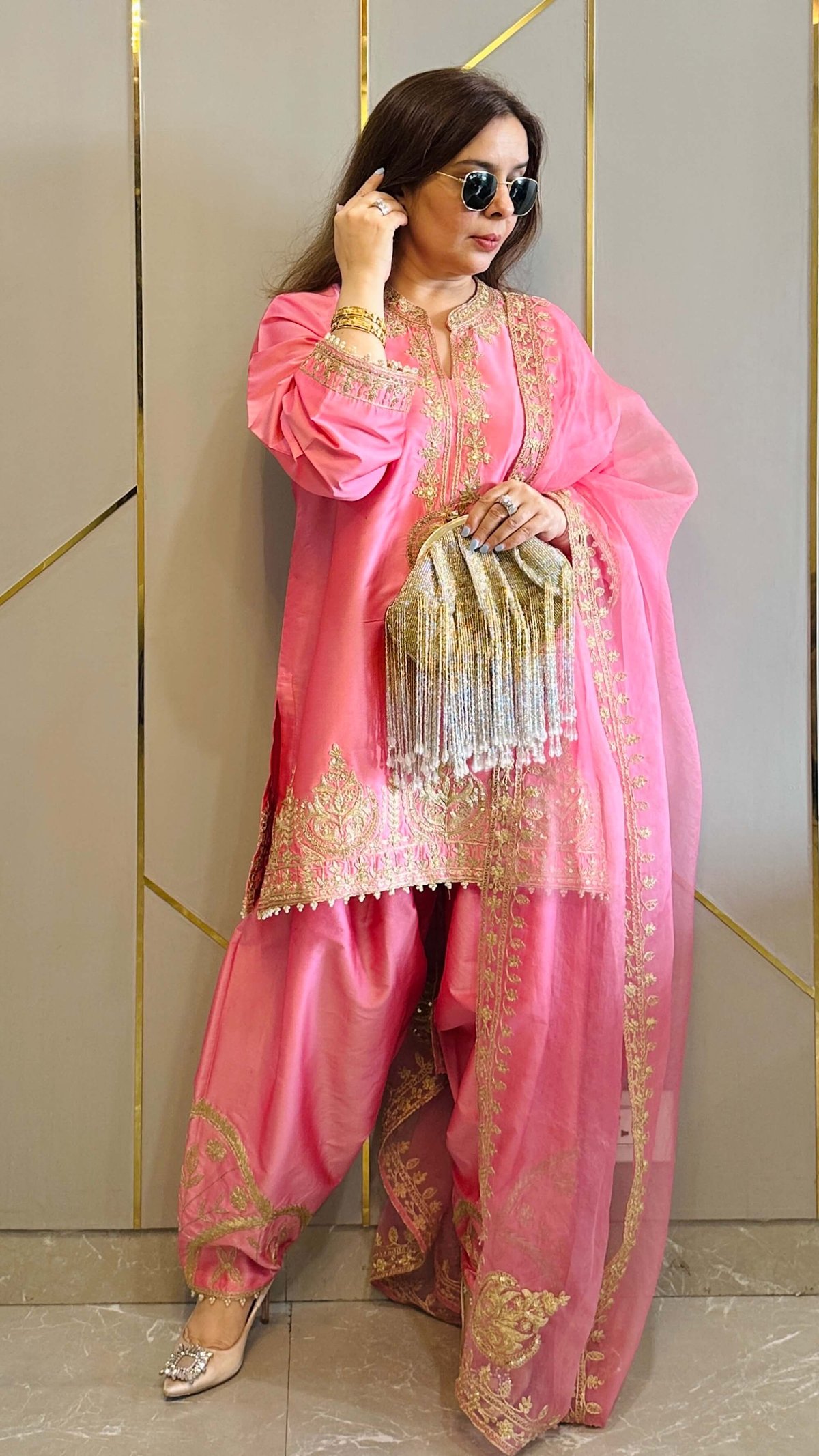 Blush Pink Dupion Silk Embroidered Phiran Kurta Set