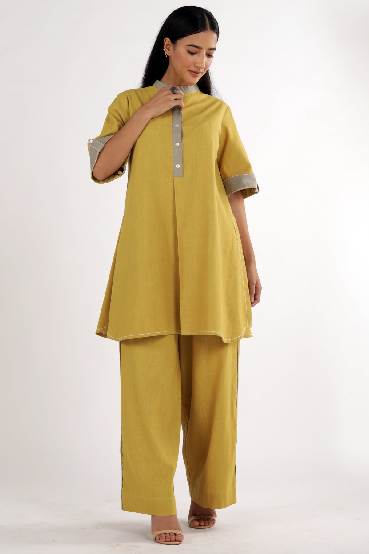 Ochre Mandarin Collar Tunic and Tapered Pants Co-ord Set