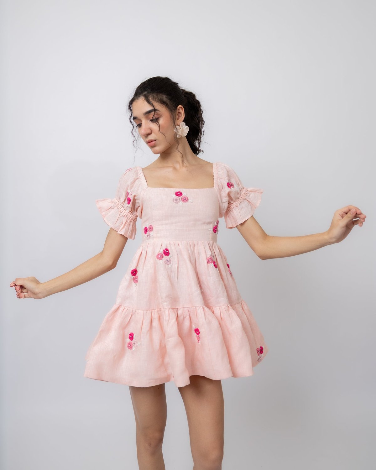 Peach Linen Tiered Mini Dress with Embroidered Florals